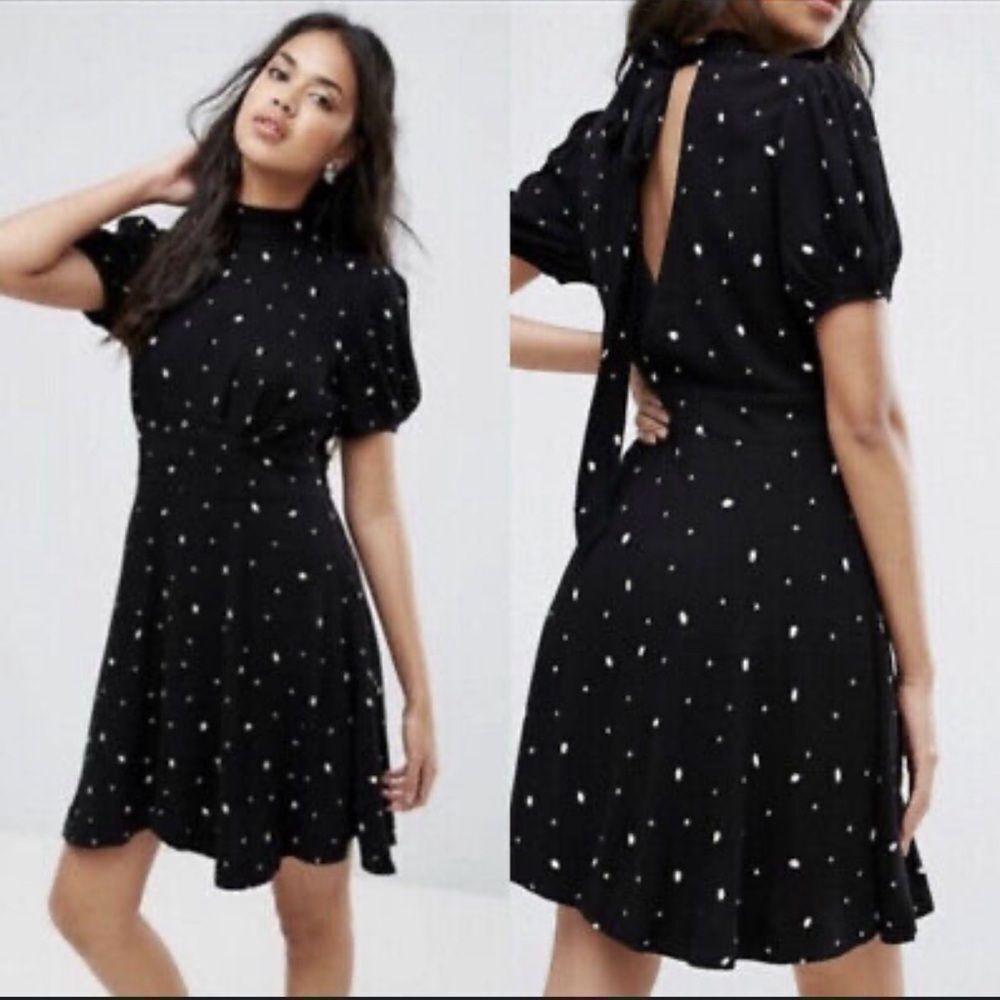 Free‎ People Abbie Dress in Black Combo Spackle Womens Size 6 Mini Mock Neck